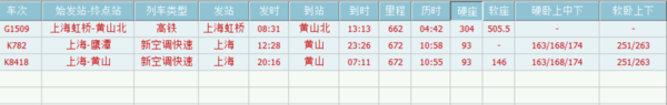 上海到黄山来自火车时刻表