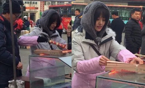 郑爽街边卖糖葫芦 英俊帅气老爸成焦点