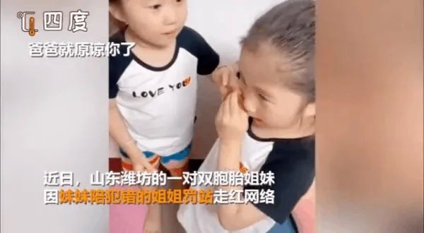 双胞胎妹妹陪做错事的姐姐罚站,她们是怎么向爸爸道歉的?