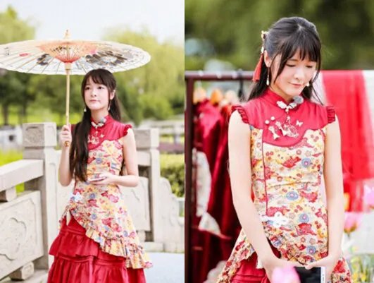 红裙徐娇古风十足 拱桥上撑油纸伞宛若少女穿越