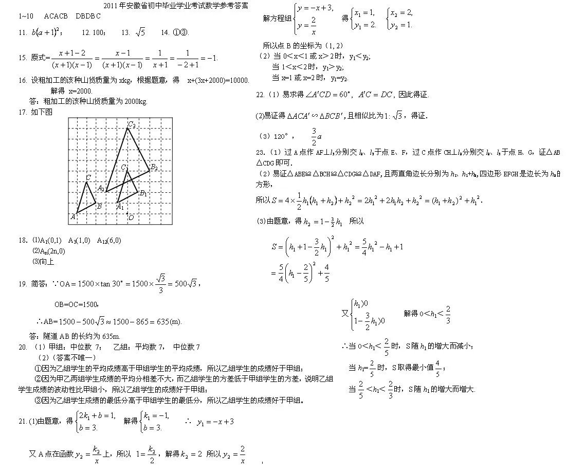 2011年安徽中考数学试卷及答案