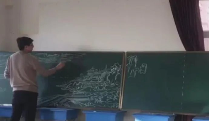 3个月用粉笔画32米清明上河图 现场画面曝光十分的震撼